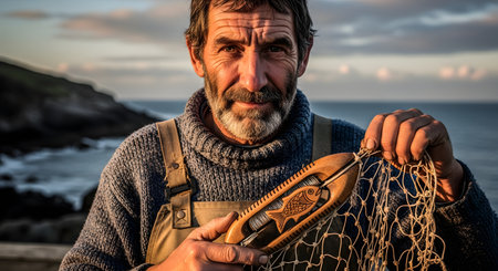 A close-up portrait of a weathered, elderly fisherman with a grey beard, wearing a knit sweater and overalls. He holds a wooden net-mending shuttle (with a fish carving) and a fishing net, looking at the camera with a gentle smile. The sea and cliffs are visible in the background at dusk.の素材