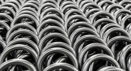 A detailed macro photograph of chain mail, showing the intricate pattern of interlocking metal rings. The metallic texture creates a background representing concepts of protection, strength, history, and medieval armor.の素材