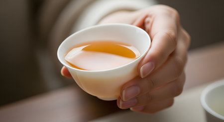 A close-up of a woman's hand with manicured nails gently holding and offering a small, white ceramic cup of light-colored tea. The soft focus and graceful gesture suggest a moment of calm, hospitality, or a traditional tea ceremony.の素材