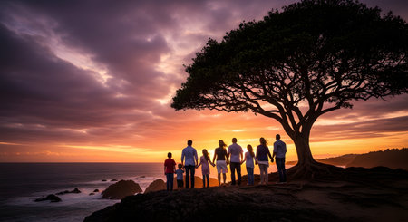 A silhouette of a large, multi-generational family holding hands on a cliff under a big tree, overlooking the ocean. They are watching a dramatic and colorful sunset, symbolizing unity, legacy, and togetherness.の素材