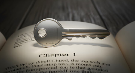 A single silver key lies on the pages of an open book, positioned at the start of 'Chapter 1'. The scene is dramatically lit, symbolizing concepts like the key to knowledge, unlocking secrets, new beginnings, and finding the solution.の素材