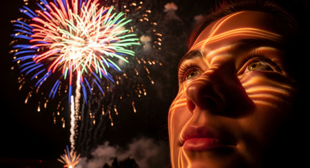 A close-up of a woman's face as she watches a colorful fireworks display in the night sky. Patterns of orange light are projected onto her face, creating a unique and wondrous expression.の素材