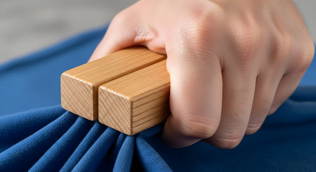 A close-up shot of a person's hand firmly gripping a piece of pleated blue fabric using two rectangular wooden blocks. The image highlights the texture of the wood grain and the soft folds of the cloth, suggesting concepts of strength, control, or a unique fastening method.の素材