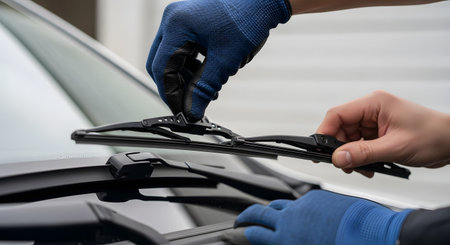 A close-up shot of a person's hands wearing blue work gloves, replacing a windshield wiper blade on a car. The person is attaching the new wiper arm to the windshield. This image represents car maintenance, auto repair, and a DIY task.の素材