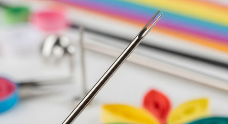 A close-up, macro photograph of the tip of a metal slotted quilling tool. The background is softly blurred, showing colorful strips of quilling paper and other crafting supplies, highlighting the art of paper filigree.の素材
