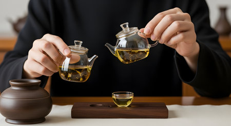 A person dressed in black performs a traditional tea ceremony, skillfully holding two small, elegant glass teapots filled with golden tea and green leaves. They are carefully pouring the tea into a single small cup resting on a wooden tray, embodying tranquility, precision, and cultural tradition. The setting is minimalist and serene.の素材