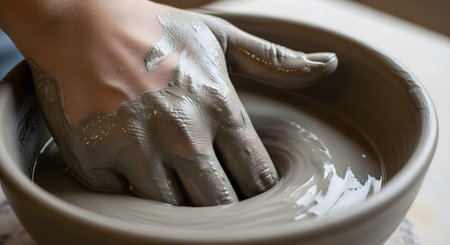 A close-up shot of a potter's hand covered in wet, gray clay, shaping a bowl on a spinning potter's wheel. The hand is inside the vessel, forming the interior curve as the wheel spins.の素材