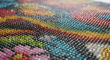 A macro, shallow depth-of-field shot of a colorful diamond painting or bead mosaic. Thousands of tiny, sparkling rhinestones in rows of red, yellow, green, blue, and black create a vibrant, textured, and glittery surface. This represents a popular DIY hobby and craft.の素材