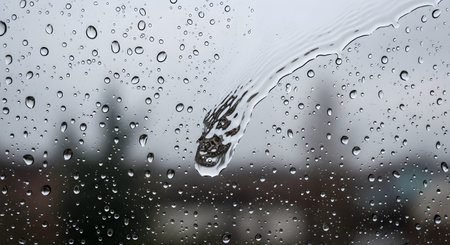 A close-up view of raindrops on a glass window during a rainy day. A large drop of water is trickling down the pane, creating a trail, with the blurred silhouette of a city skyline visible in the background. The overall mood is melancholic and peaceful.の素材