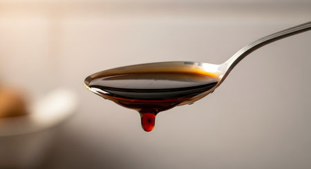 A close-up shot of a metal spoon filled with dark, glossy soy sauce, with a single drop about to fall from its tip. The backlight illuminates the rich, brown color of the liquid condiment. The image represents cooking, flavor, ingredients, and Asian cuisine.の素材
