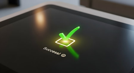 A 3D rendering of a glowing green checkmark symbol on a dark screen, indicating a successful operation. The word 'Success!' with a smiley face is written below the icon. This image represents approval, completion, and positive confirmation.の素材