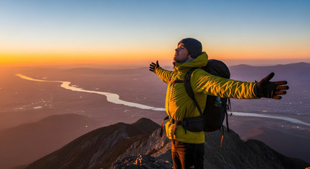 A male hiker with a backpack and yellow jacket stands on a mountain summit at sunrise, arms outstretched in a gesture of freedom. Below him, a spectacular view of a valley with a winding river and city lights unfolds.の素材