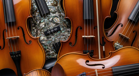 A close-up, overhead composition of several stringed instruments, primarily violins and violas. The polished wood, f-holes, and strings fill the frame, with one electric violin featuring a mother-of-pearl inlay, creating a background for classical or folk music.の素材