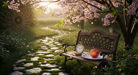A tranquil and magical garden scene featuring a wooden bench under a blooming cherry blossom tree. A vintage clock and a fresh peach rest on the bench, with a sunlit path and a spiderweb nearby, evoking a sense of timeless fantasy.の素材