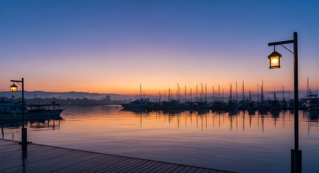 A tranquil marina scene at dawn or dusk, with numerous yachts and boats docked in the calm water. The sky shows a beautiful gradient from purple to orange, and illuminated street lamps on the wooden pier cast a warm glow.の素材