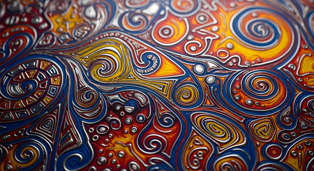 A macro, abstract background of a vibrantly colored, embossed metal surface. The intricate design features swirling patterns and detailed textures in shades of blue, red, yellow, and silver, showcasing ornate craftsmanship.の素材