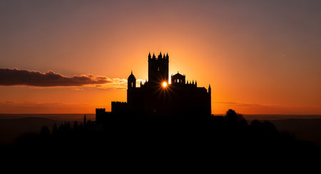 A majestic medieval castle is silhouetted on top of a hill against a breathtaking orange sunset. The sun creates a beautiful starburst effect as it shines through an archway in the castle, creating a dramatic and historic scene.の素材