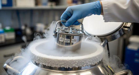 A scientist's gloved hand carefully lifts a metal rack of vials from a cryogenic storage container. Billowing white vapor from liquid nitrogen spills over the edge, indicating the extremely low temperatures used for preserving biological samples. The setting is a modern, well-lit laboratory, representing scientific research and biotechnology.の素材