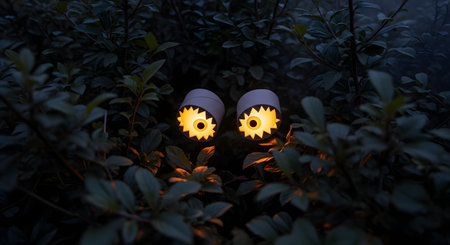 A pair of glowing, monster-like eyes, crafted from paper tubes, peer out from a dark, dense bush at night. The yellow, jagged light creates a spooky, mysterious, and playful atmosphere, perfect for Halloween.の素材