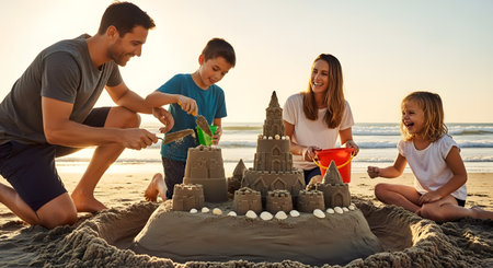 A happy family of four, including a mother, father, son, and daughter, are joyfully building a large sandcastle on the beach during a beautiful sunset. They are smiling and working together, creating a perfect scene of family bonding, summer vacation, and cherished childhood memories. The ocean waves can be seen in the background.の素材