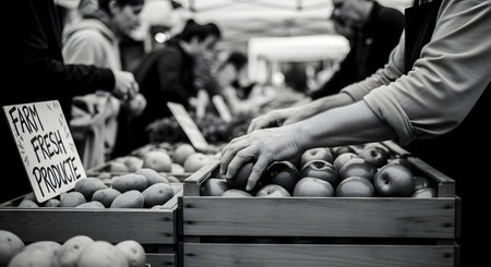 A black and white photograph captures a bustling farmers market scene. In the foreground, a vendor's hands carefully arrange fresh apples in a wooden crate, next to another crate of potatoes with a 'Farm Fresh Produce' sign.の素材