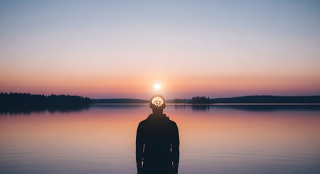 The silhouette of a man stands facing a serene lake during a beautiful sunset, with a glowing brain icon superimposed on his head. The tranquil scene represents mindfulness, mental health, meditation, consciousness, and deep thought.の素材