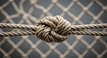 A close-up, macro shot of a complex, tightly woven knot in a thick, beige rope. The knot, possibly a monkey's fist or decorative knot, is centered against a blurred background of a diamond-patterned net.の素材