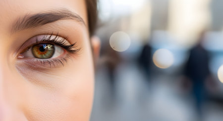 A detailed macro shot of the left half of a woman's face, focusing on her beautiful hazel eye with long eyelashes. The background is blurred, drawing all attention to the eye and conveying concepts of vision, perception, and beauty.の素材