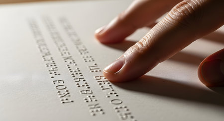 A macro, close-up shot of a person's finger reading a line of braille text on a white page. This image represents accessibility, blindness, visual impairment, and the sense of touch.の素材