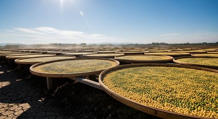 Rows of large, round bamboo trays filled with soybeans, drying in the hot sun in a vast, open field. The ground is dry and cracked, and the sky is clear blue. This image represents agriculture, food production, and traditional drying methods.の素材