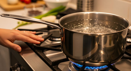 A stainless steel saucepan filled with water is heating up on a gas stove, with bubbles beginning to form as it comes to a boil. The blue flame of the burner is visible beneath the pot, and a person's hand rests nearby on the stovetop. The scene takes place in a home kitchen environment.の素材