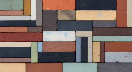 A flat background texture of a brick wall made of bricks in various colors and sizes. The modern, staggered pattern includes red, black, grey, green, yellow, and light blue bricks. The composition is a flat, architectural abstract.の素材