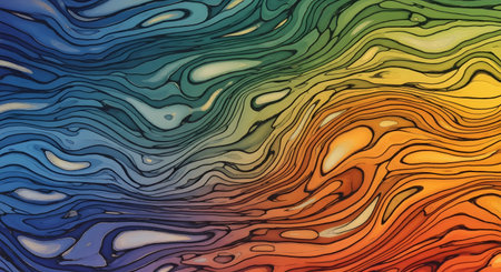 A vibrant and fluid abstract background with intricate wavy lines and a smooth color gradient that transitions from cool blues and greens to warm yellows and oranges. The organic, flowing pattern resembles wood grain, agate stone, or psychedelic art.の素材