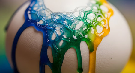 A macro close-up of colorful viscous paint in blue, green, and yellow dripping down a white, curved surface, possibly an egg. The paint forms a lacy, cellular pattern. This abstract image represents creativity, art, Easter, or a chemical reaction.の素材