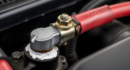 A macro close-up of a car battery's positive terminal, showing white crystalline corrosion build-up. The red cable is securely fastened, highlighting a common vehicle maintenance issue requiring cleaning or repair.の素材