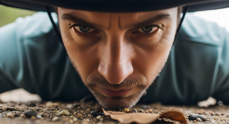 An intense, low-angle close-up of a man's face as he stares intently at the ground. He wears a hat, and his eyes are focused with determination or anger. The ground-level perspective suggests he is searching, tracking, or about to pounce.の素材