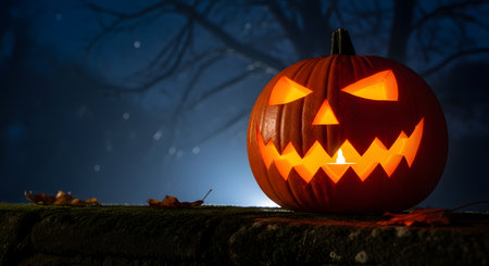 A carved Halloween pumpkin, or Jack-o'-lantern, with a menacing face glows from a candle within. It rests on an old, mossy stone wall at night, with a spooky, dark forest and a few fallen leaves in the background, creating a classic and eerie autumn atmosphere.の素材