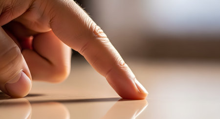 A macro close-up of a person's index finger touching a smooth, reflective, light-brown surface, like a wooden table. The shallow depth of field highlights the texture of the skin and the reflection on the surface. The image conveys a sense of touch, inspection, or sensitivity.の素材