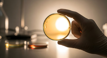 A scientist's gloved hand holds a petri dish containing a culture medium up to a light source for examination. The laboratory setting is sterile and focused, representing scientific research, microbiology, and analysis.の素材