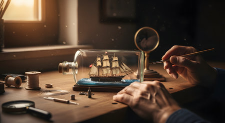 A person's hands are shown carefully working on a detailed model of a tall ship inside a glass bottle. The well-lit workshop table is covered with tools, magnifying glasses, and thread, illustrating the patience, precision, and passion involved in this intricate hobby.の素材