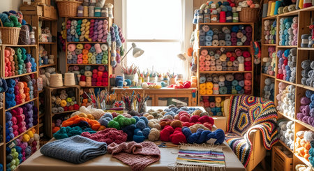 A vibrant and cozy craft room is filled to the brim with colorful yarn. Wooden shelves are stacked high with skeins of every hue, and a central table is covered with knitting projects and supplies, creating a crafter's paradise.の素材