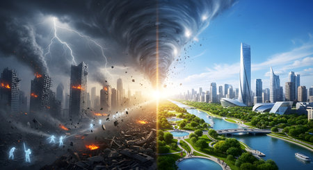 A conceptual, split-screen image showing a city in two states: one side is a destroyed, apocalyptic wasteland with a tornado and lightning, while the other is a thriving, futuristic, green utopia. A bright light source divides the two, representing contrast, choice, or climate change.の素材