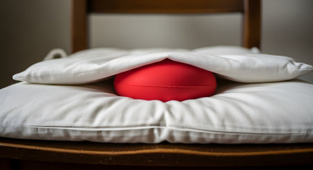 A bright red stress ball is partially hidden between two soft white cushions that are resting on a wooden chair. The image can represent hidden stress, the need for relief, or a metaphor for something concealed. The focus is on the contrast between the red ball and the white cushions.の素材