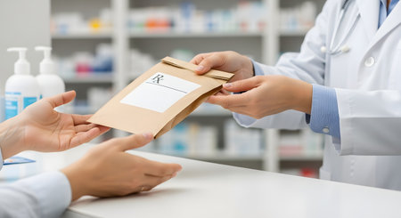 A close-up shot of a pharmacist in a white coat handing a paper prescription bag to a customer over the counter. The pharmacy shelves are blurred in the background, representing healthcare and medical service.の素材