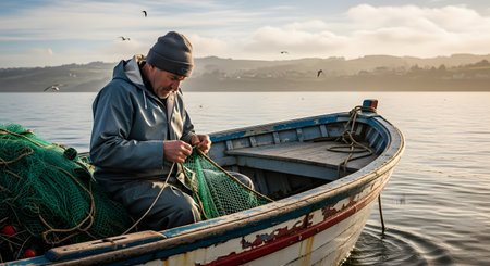 An elderly fisherman in traditional rain gear sits in his small, weathered boat, diligently mending a fishing net. The calm water and hazy coastline in the background create a peaceful and authentic scene of traditional maritime life.の素材