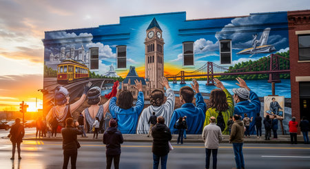 A crowd of people stand on a city street at sunset, looking up at and photographing a large, colorful mural on the side of a building. The public art depicts historical scenes, a clock tower, a bridge, a trolley, and an airplane.の素材