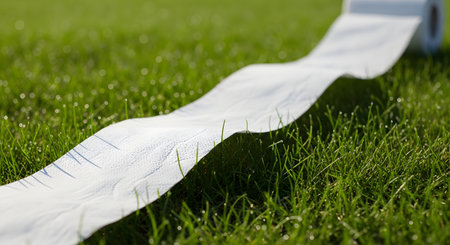 A long trail of white toilet paper is unrolled across a lush, green grass lawn, dotted with morning dew. The low-angle, close-up shot highlights the texture of the paper and the fresh grass blades in bright sunlight.の素材