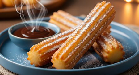 Hot, steaming churros, generously dusted with powdered sugar, are arranged on a blue plate next to a small bowl of rich, melted chocolate dipping sauce. The delicious Spanish dessert looks warm and inviting, ready to be eaten.の素材