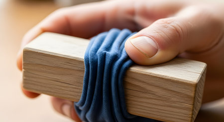 A macro shot of a person's hand firmly gripping a rectangular wooden block that is tightly wrapped in a stretchy blue fabric. The image focuses on the textures of the wood grain, the fabric, and the pressure of the grip, suggesting concepts of strength, control, or testing materials.の素材