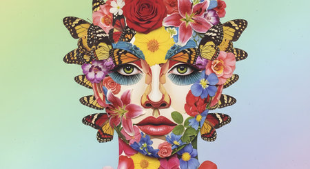A surreal, colorful collage of a woman's face, created from various flowers (roses, lilies) and monarch butterflies. The pop-art style image is set against a soft, gradient background. This represents beauty, nature, and creative transformation.の素材